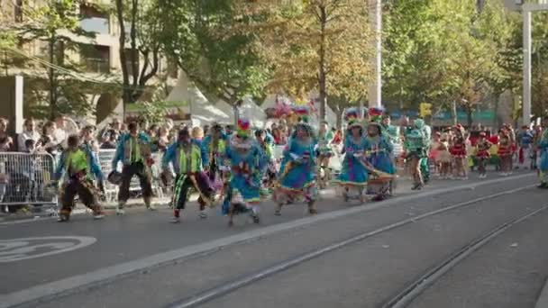 Group Latin People Perform Dance Brightly Coloured Dresses Spanish Traditions — Stock Video
