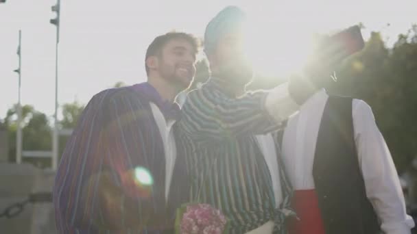 Three Caucasian Men Taking Selfie Midst Traditional Procession Spanish Traditions — Stock Video