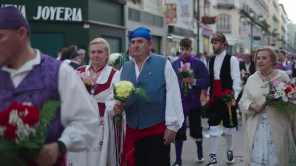 Group Adults Walking Flowers Traditional Costumes Spanish Traditions — Stock Video