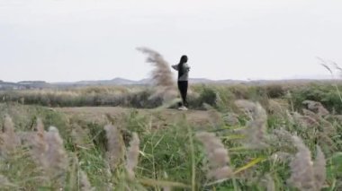Bir tarlada dönen gözlüklü güzel kız - İspanyol manzarası
