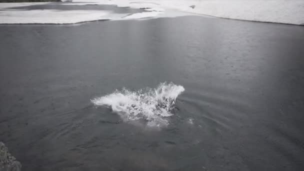 スペイン人の男は非常に冷たい水で湖で泳ぐとすぐに水から出る代替旅行 — ストック動画