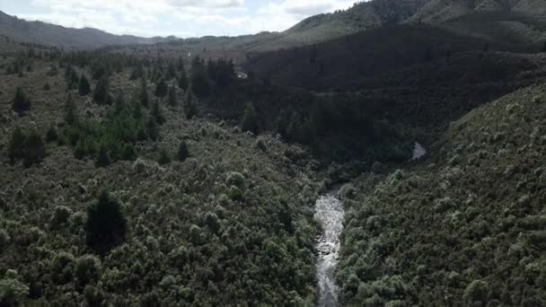 Vista Aérea Las Montañas Con Árboles Verdes Río Hacia Las — Vídeos de Stock
