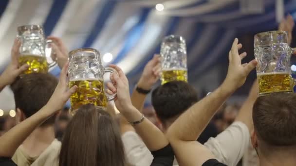 Grupo Adultos Com Canecas Cerveja Suas Cabeças Espanha Horizontal Vídeo — Vídeo de Stock