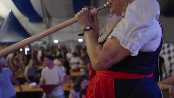 Blonde Erwachsene Frau Mit Traditioneller Kleidung Die Ein Instrument Spielt — Stockvideo