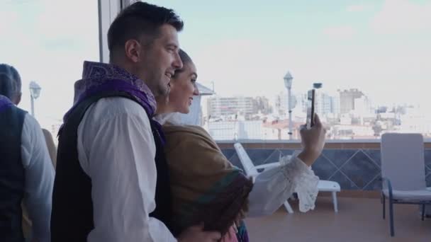 Couple Dressed Traditional Saragossa Costume Taking Selfie Spanish Traditions — Stock Video