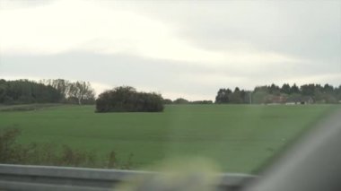 Çevresi ağaçlarla çevrili yeşil çayırlar hareket halindeki bir arabadan görüldüğü gibi - Avrupa seyahati