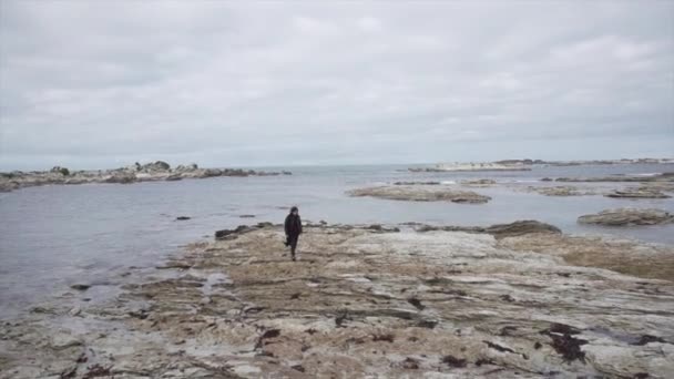 Mujer Caminando Sobre Las Rocas Junto Mar Nueva Zelanda Concepto — Vídeos de Stock