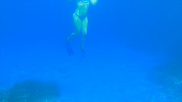Подводный Замедленный Просмотр Тела Молодой Женщины Ластами Плавающими Море Paradisiac — стоковое видео