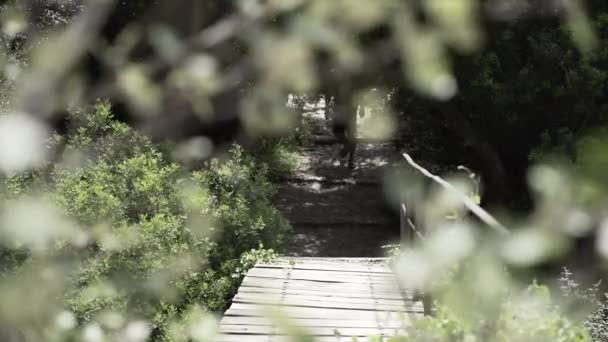 Mladý Evropan Přechází Dřevěný Most Předním Zpomaleném Záběru Paradisiac Španělské — Stock video