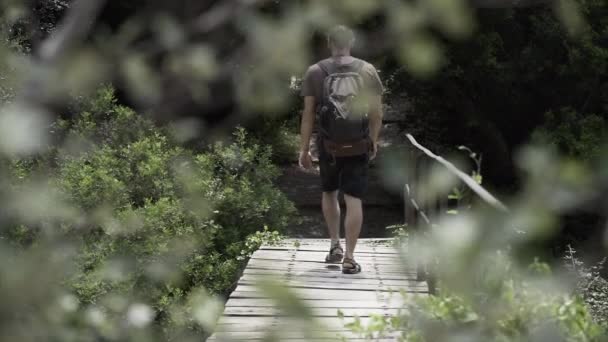 Zpomalené Video Mladého Muže Dlouhými Vlasy Přecházejícího Dřevěný Most Lese — Stock video