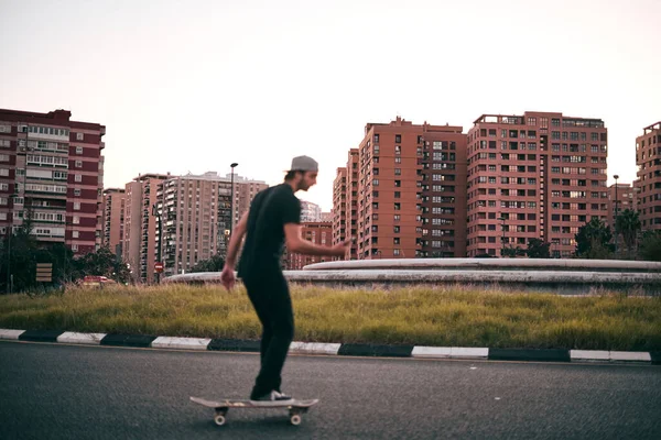 Caucasian Young Man Black Shirt Black Pants Driving His Skateboard — Stock Photo, Image