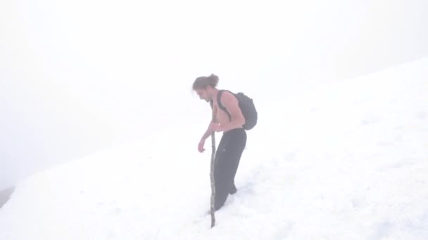 霧の中で雪に覆われた丘を下っていく棒を持つ髭の男 北スペイン — ストック動画