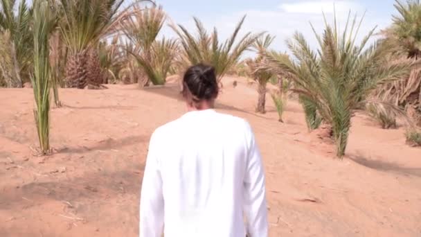 Zadní Pejsek Culíkem Bílým Oblekem Procházky Písku Arabská Krajina — Stock video