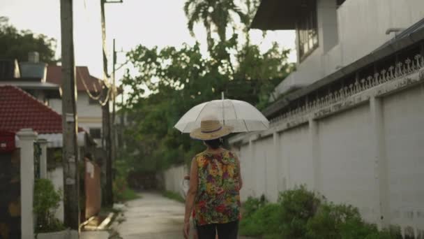 Dos Mujeres Irreconocibles Pasean Bajo Lluvia Una Calle Chiang Mai — Vídeo de stock