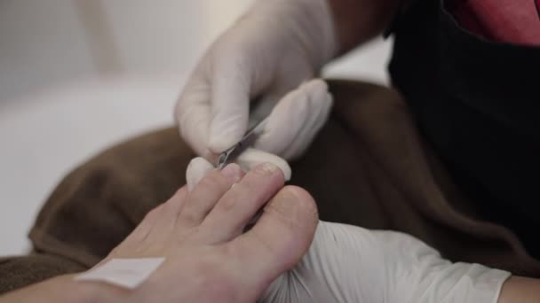 Pedicure Technician Cutting Lunula Male Client Left Foot Health Concept — Vídeo de Stock