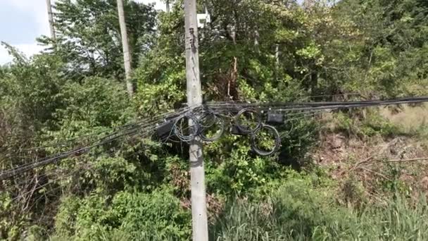 Close Shot Dangerous Wires Pylon Thailand Drone Shot — Video Stock