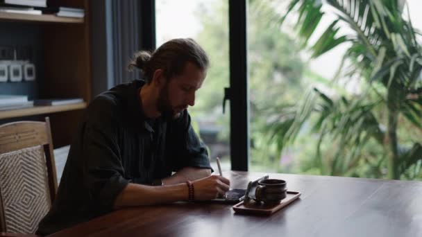 Boy Beard Ponytail Draws Something His Tablet Online Worker — Stock Video