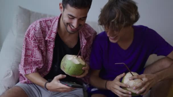 Two Friends Making Selfie Together Smartphone While Drinking Coconut New — Stock Video