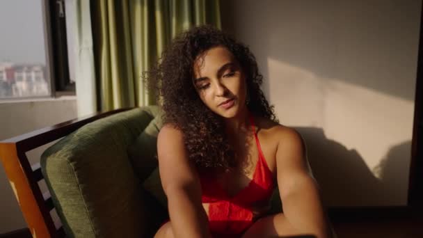 Cute Curly Haired Woman Looking Her Smartphone While Sitting Body — Stock Video