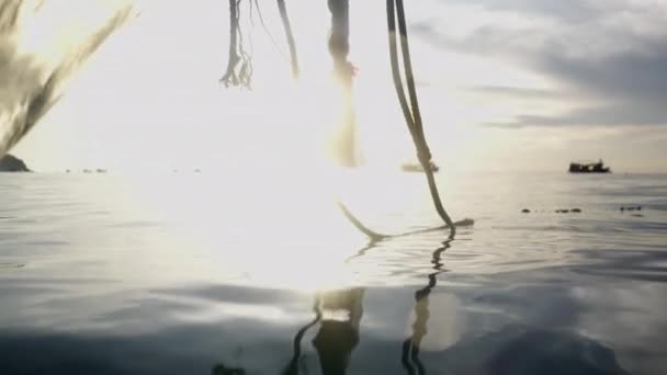 Kotevní Lano Lodi Západem Slunce Pozadí Moři Opacarophilia — Stock video
