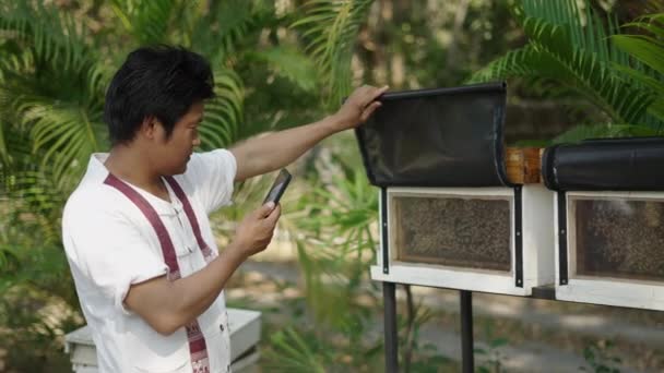 ミツバチの箱にプラスチックに触れながら携帯電話を見ているアジア人男性 エコロジーの概念 — ストック動画