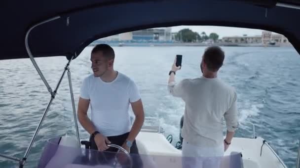 Two Adult Men Taking Selfies Boat Spain Luxury Lifestyle — Stock Video