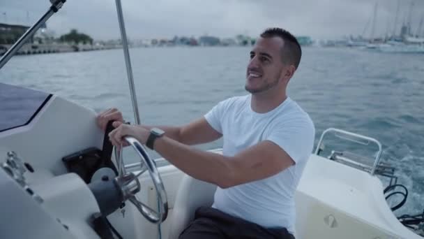 Handsome Boy Drives Boat Port Valencia Luxury Lifestyle — Stock Video