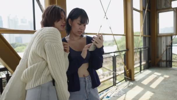 Telefone Celular Assistido Por Duas Mulheres Bonitas Conceito Artístico — Vídeo de Stock
