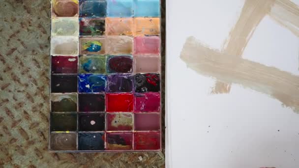 Pinceau Peintres Glissé Sur Une Toile Concept Artistique — Video