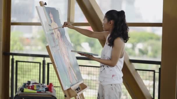 Asijská Dívka Culíkem Barvy Plátně Umělecký Koncept — Stock video
