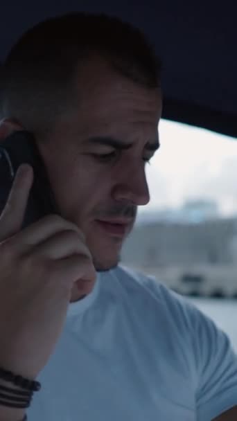 Closeup Caucasian Man Talking Phone Boat Vertical Fhd Luxury Lifestyle — Stock Video