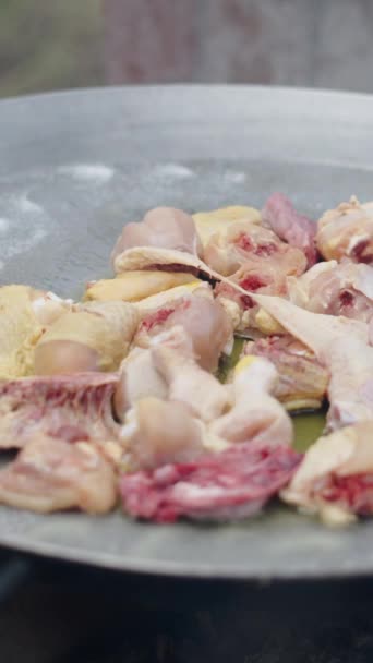 Cook Helyezi Csirke Darab Míg Mások Főzni Paella Pan Spanyol — Stock videók