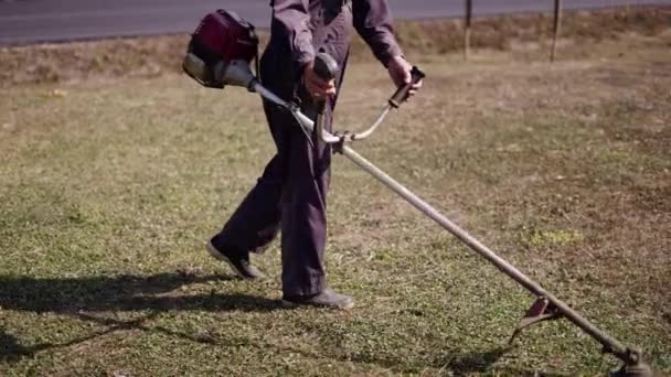 Okänd Vuxen Man Klipper Gräsmattan Med Gräsklippare Thailand Horisontell Traditionell — Stockvideo