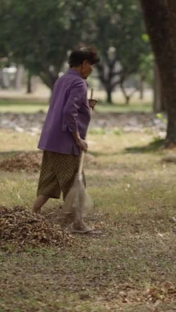 アジアの女性は彼女が掃除する乾燥した葉から山を作ります Fhd垂直ビデオ — ストック動画