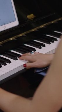 Batılı yetişkin kadın telefonunu çıkardı ve piyano çalmaya başladı - FHD dikey video