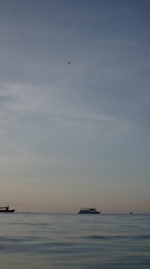 Tayland 'da gün batımında tekneler ve su üzerinde uçan kuş FHD Dikey