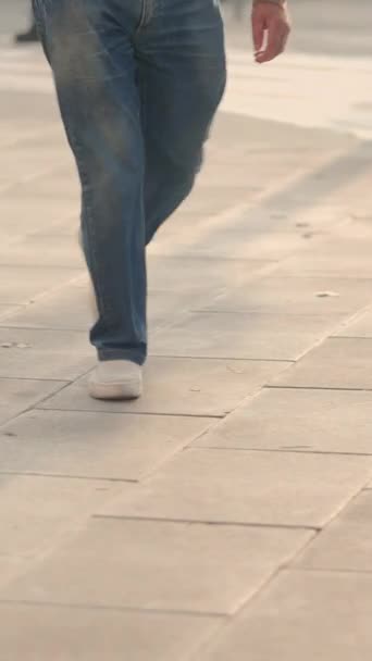 Quelqu Jambes Vêtues Jeans Baskets Marchant Sur Trottoir Vue Bas — Video