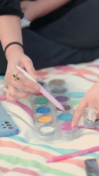 Female Hands Choose Color Tone Makeup Palette Close View Fashion — Stock Video