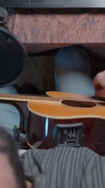 Hands Musician Playing Guitar Home Made Studio Close Shot — ストック動画