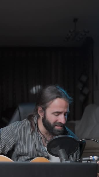 Young Bearded Songwriter Performing Concert His Living Room Because Covid — Vídeo de stock