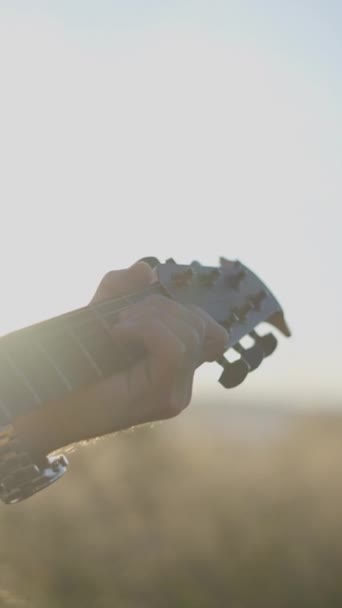 Man Guitarist Hraje Kytaru Travnatém Poli Při Západu Slunce Podsvícený — Stock video