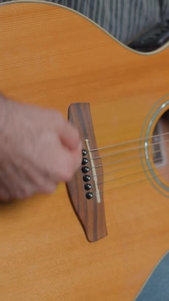 Young Hairy Musician Explaining What Parts Guitar Has How Use — Stockvideo