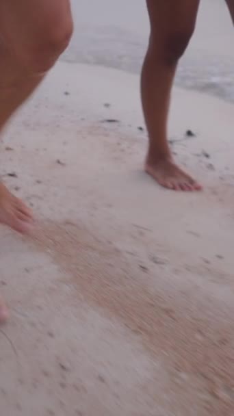 View Legs Two People Walking Seashore Fhd Vertical — Stock Video