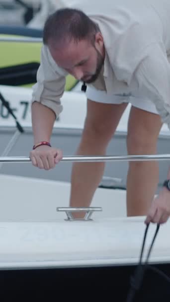 Bearded Man Places Mooring Boat His Friend Vertical Fhd Luxury — Stock Video