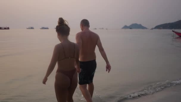 Two Lovers Enter Water Holding Hands Horizontal — Stock Video
