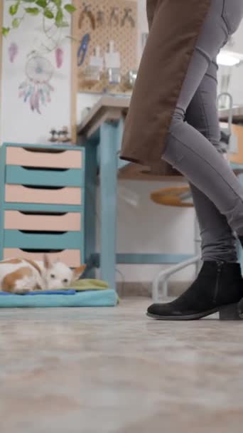 黒いブーツの女性の肖像画 スキニー ジーンズ そしてブラウン エプロンが彼女のワークショップの内部を歩いている バックグラウンドにいるペット犬 中型ショットフルHd垂直ビデオ — ストック動画