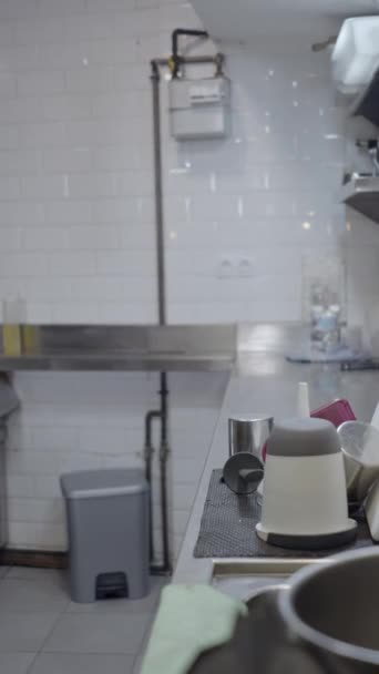 Натискання Металевої Кухні Ресторану Побутовою Технікою Брудним Посудом Fullhd Вертикальне — стокове відео