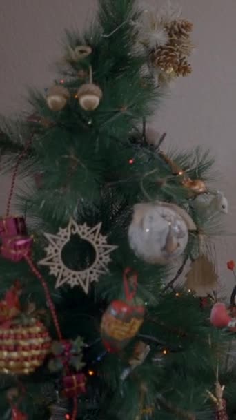 年迈的寡妇在建造圣诞树后拿着手机在圣诞树上拍照 中镜头垂直Fullhd视频 — 图库视频影像
