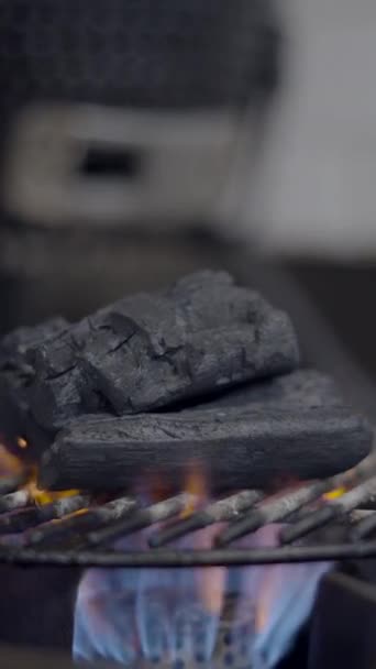 Holzkohle Brennt Auf Grillrost Auf Gasherd Drinnen Seitenansicht Schließen Fullhd — Stockvideo