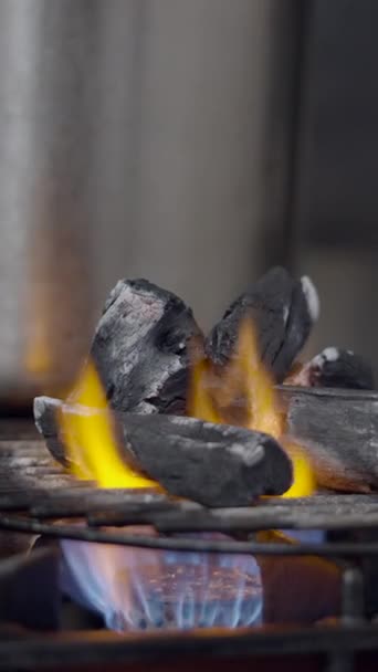 Holzkohlestücke Flammen Auf Grillrost Auf Gasherdplatte Nahaufnahme Fullhd Vertical Video — Stockvideo